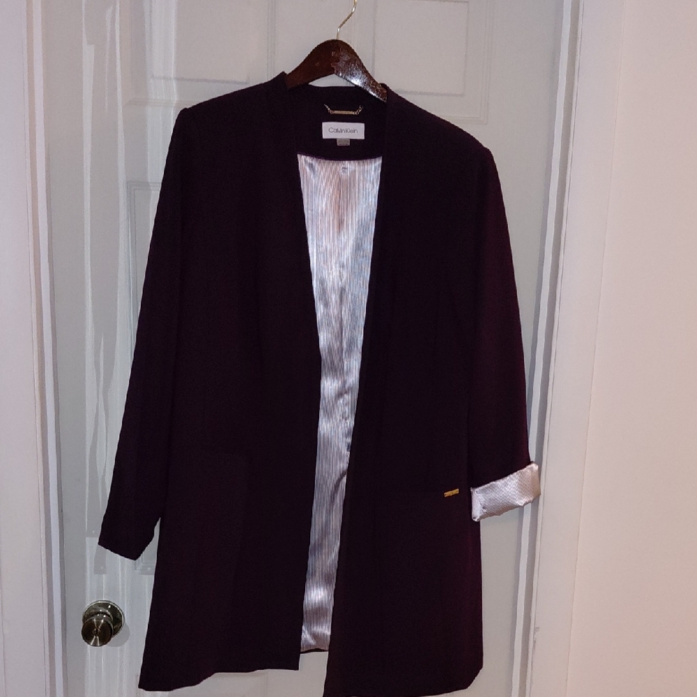 NWOT Calvin Klein Open Front Lined Long Jacket 18W Plum Eggplant 2 Deep Pockets